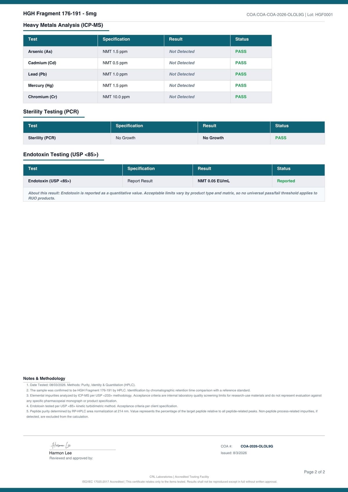 HGH Fragment 176-191 certificate page 2 of 2