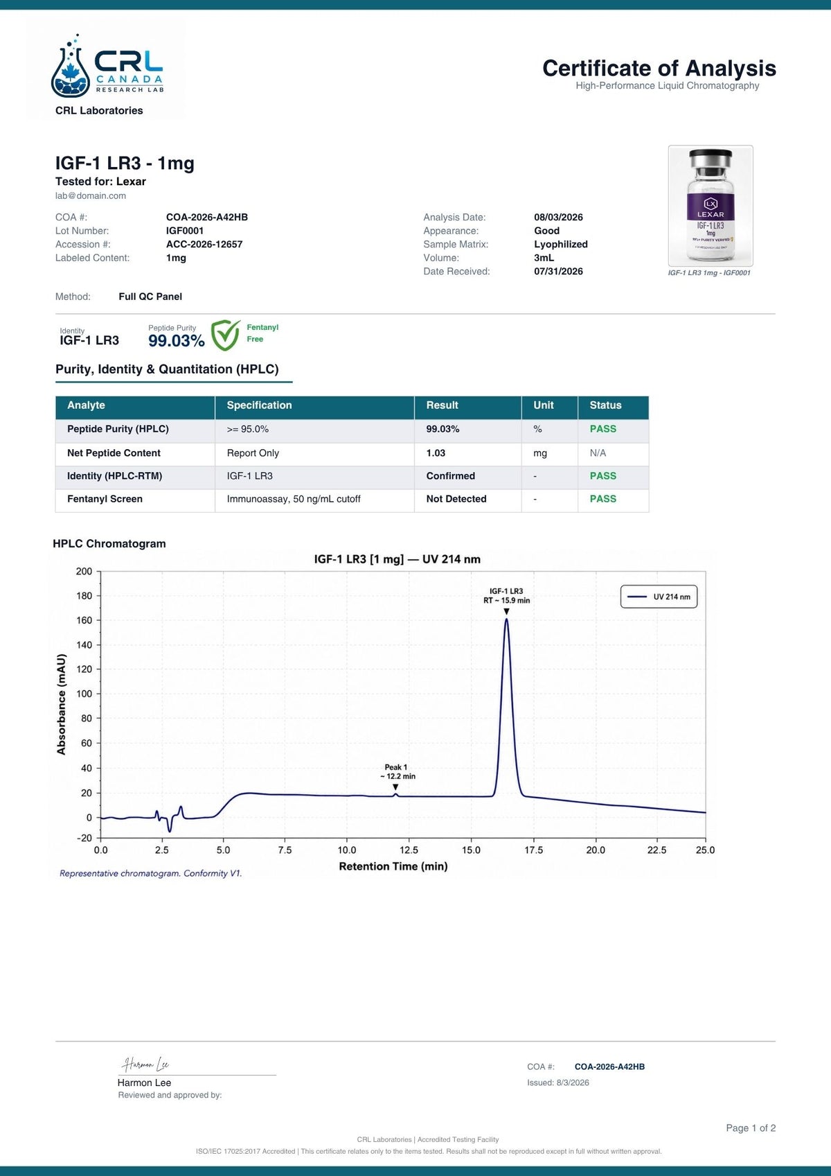 IGF-1 LR3 (Long R3) certificate page 1 of 2