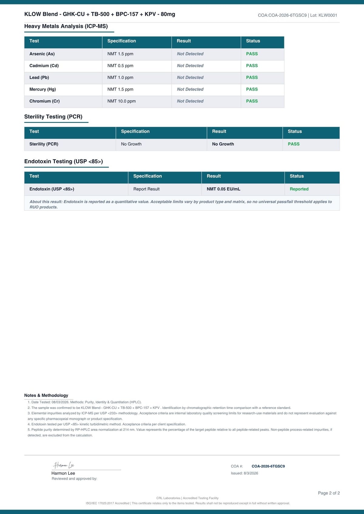 KLOW Blend - GHK-CU + TB-500 + BPC-157 + KPV certificate page 2 of 2