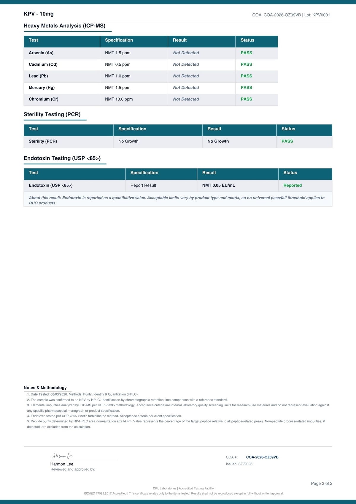 KPV Tripeptide certificate page 2 of 2