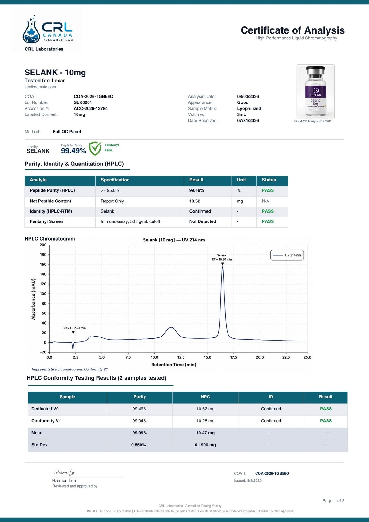 Selank certificate page 1 of 2