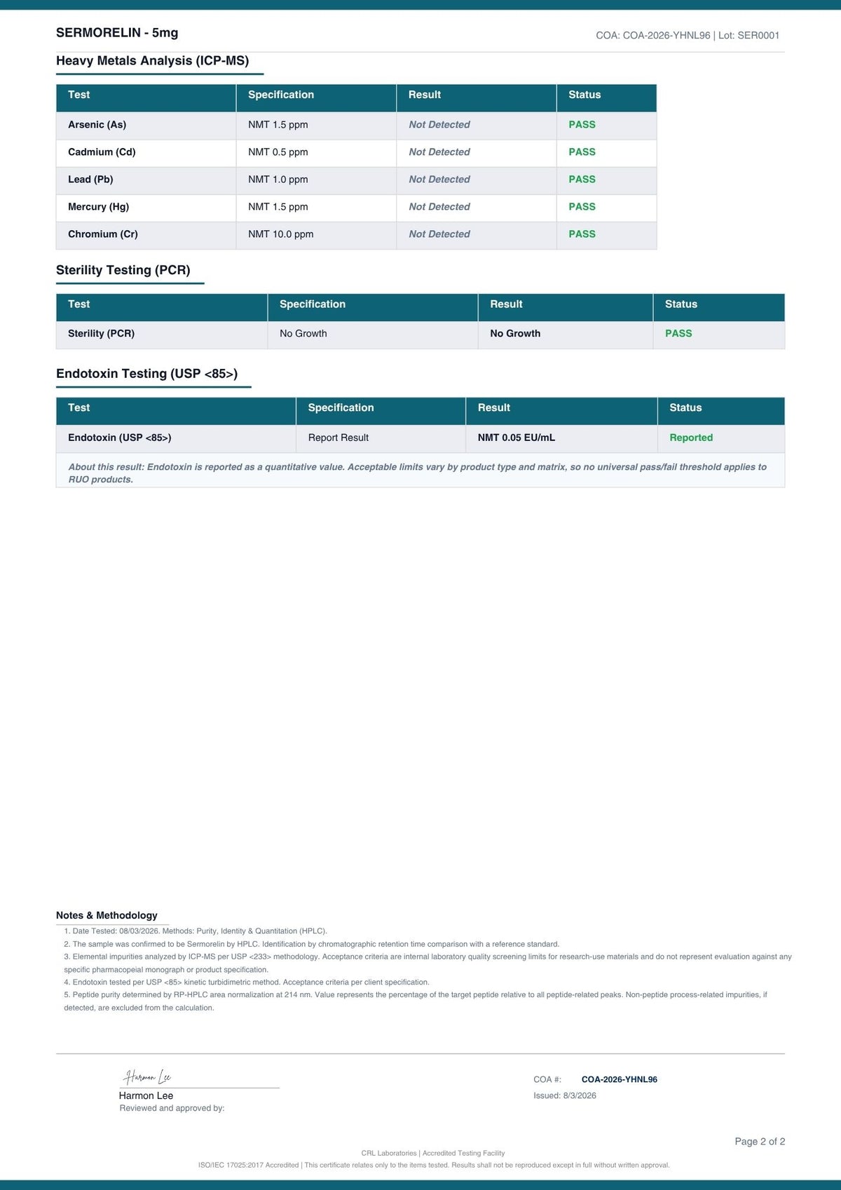 Sermorelin certificate page 2 of 2