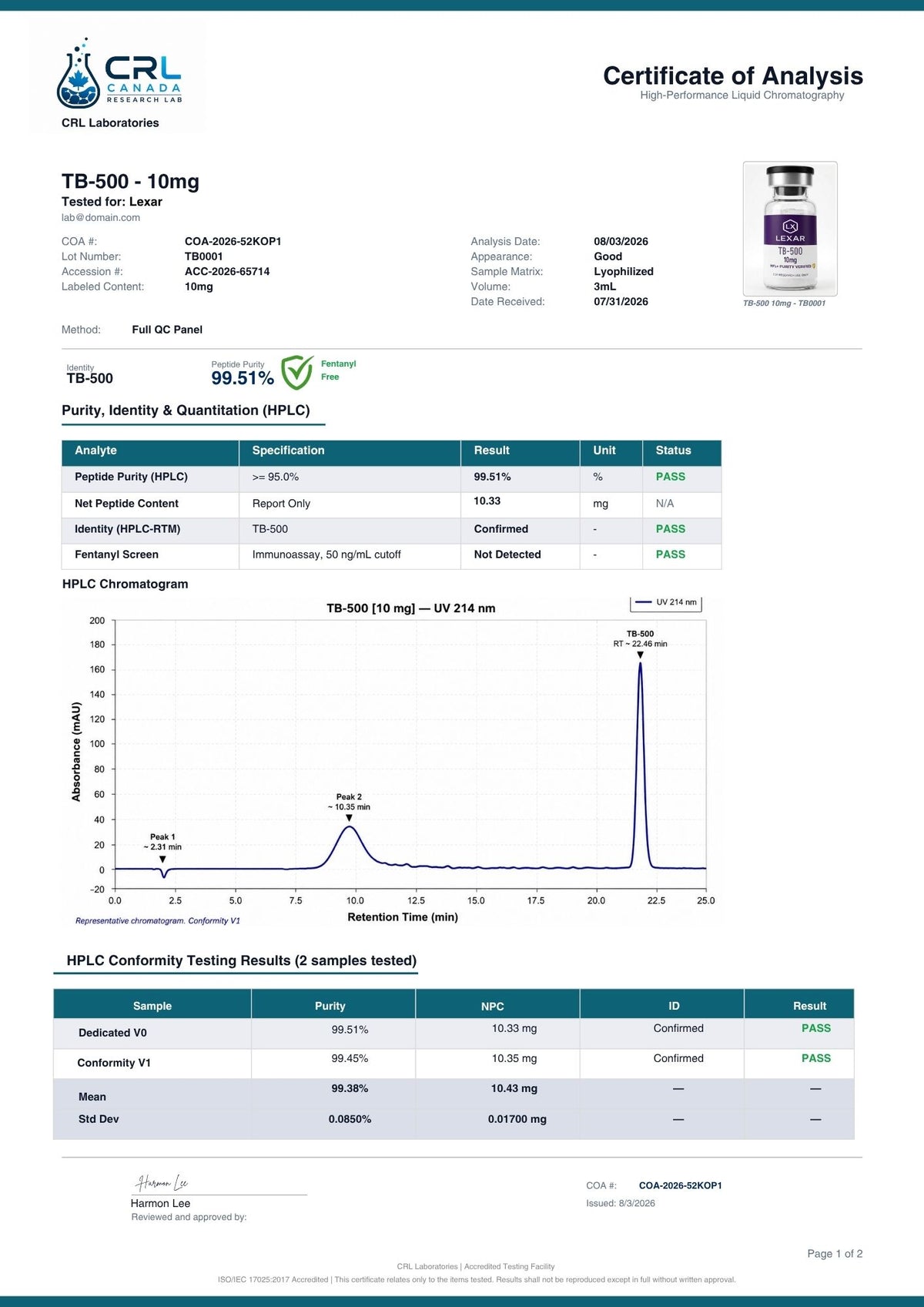 TB-500 certificate page 1 of 2