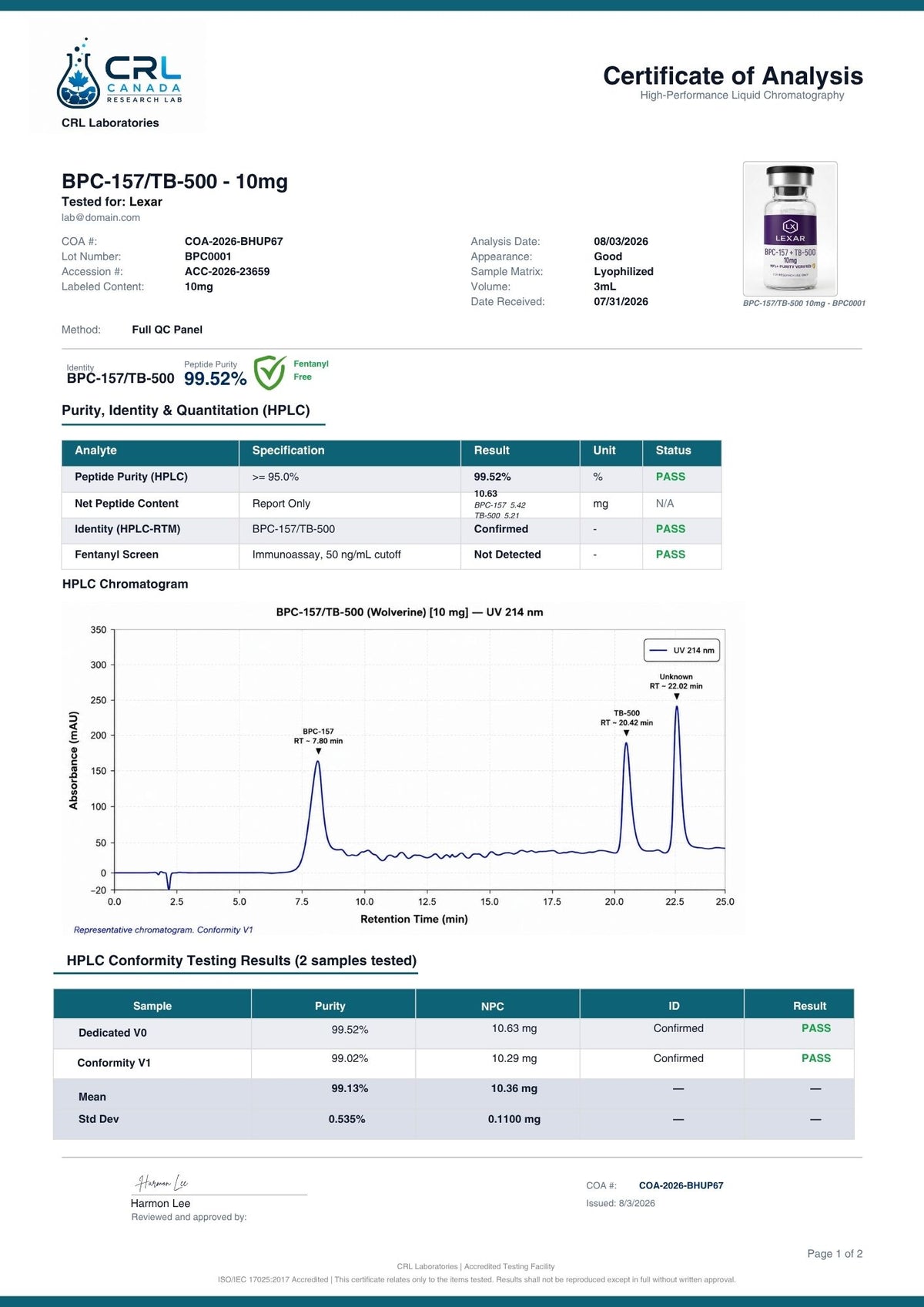 BPC-157 + TB-500 certificate page 1 of 2