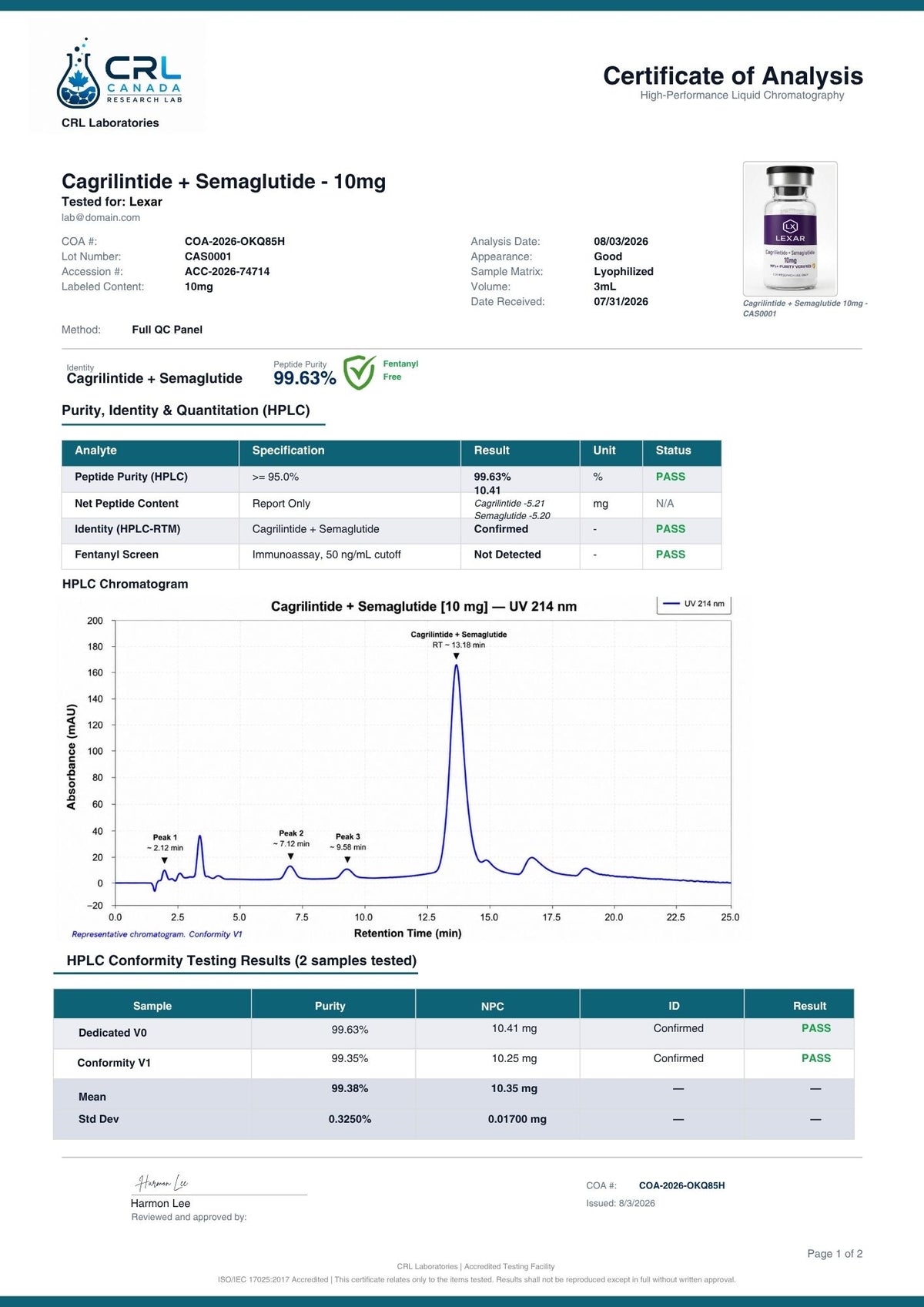 Cagrilintide + Semaglutide certificate page 1 of 2