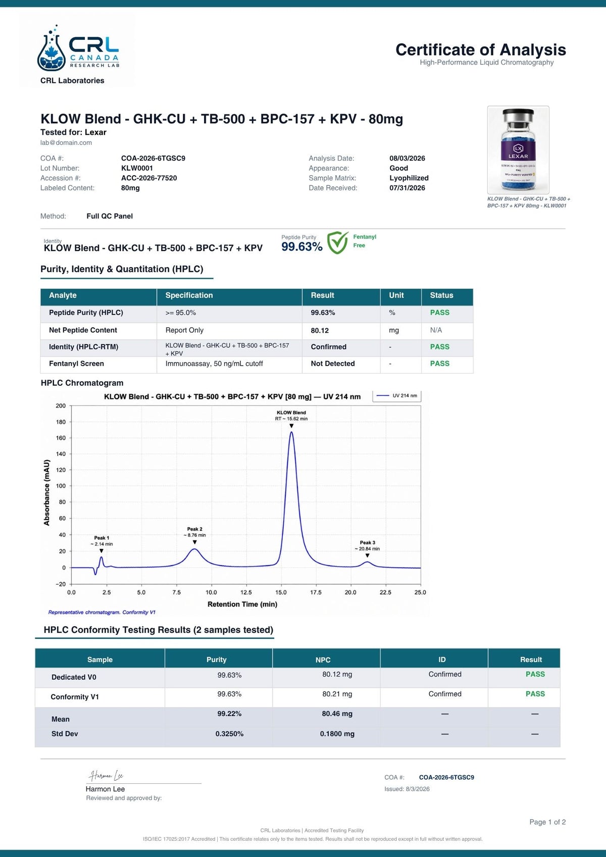 KLOW Blend - GHK-CU + TB-500 + BPC-157 + KPV certificate page 1 of 2