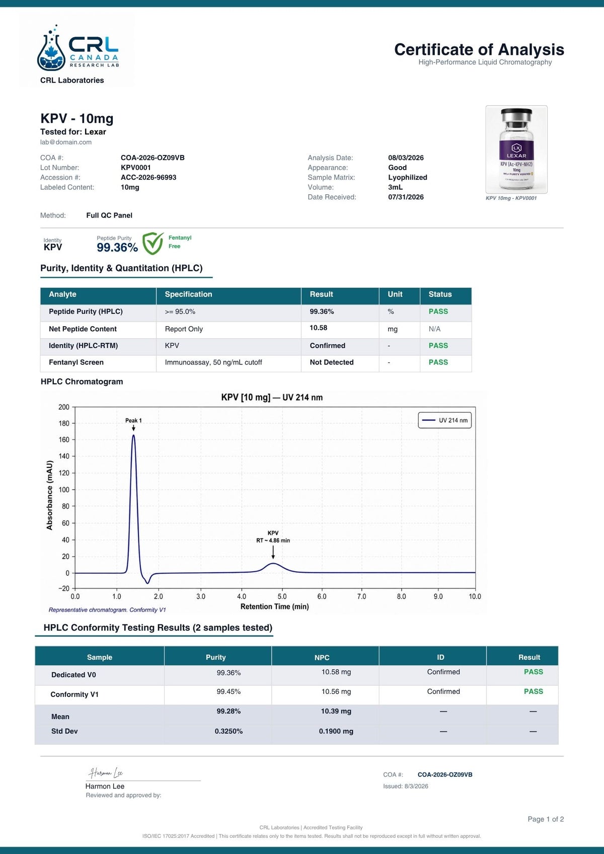 KPV Tripeptide certificate page 1 of 2