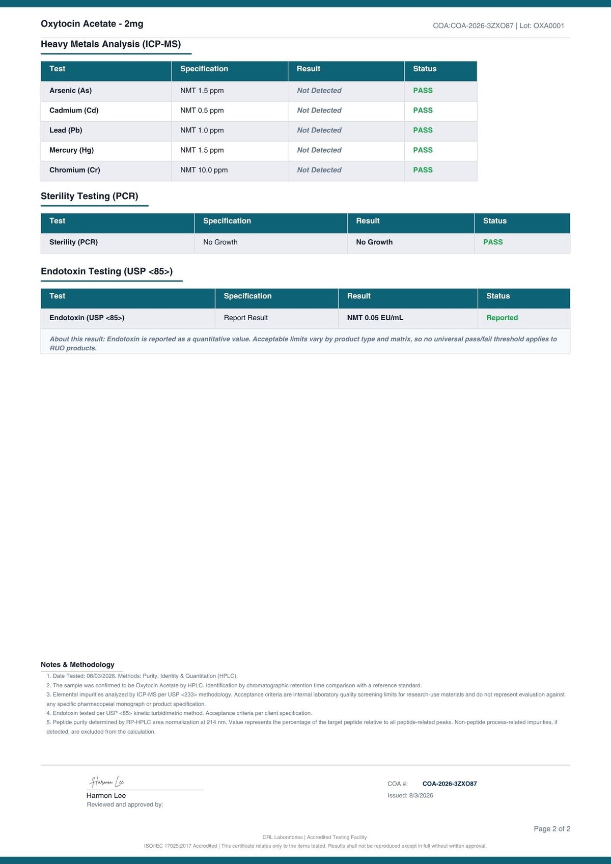 Oxytocin Acetate certificate page 2 of 2