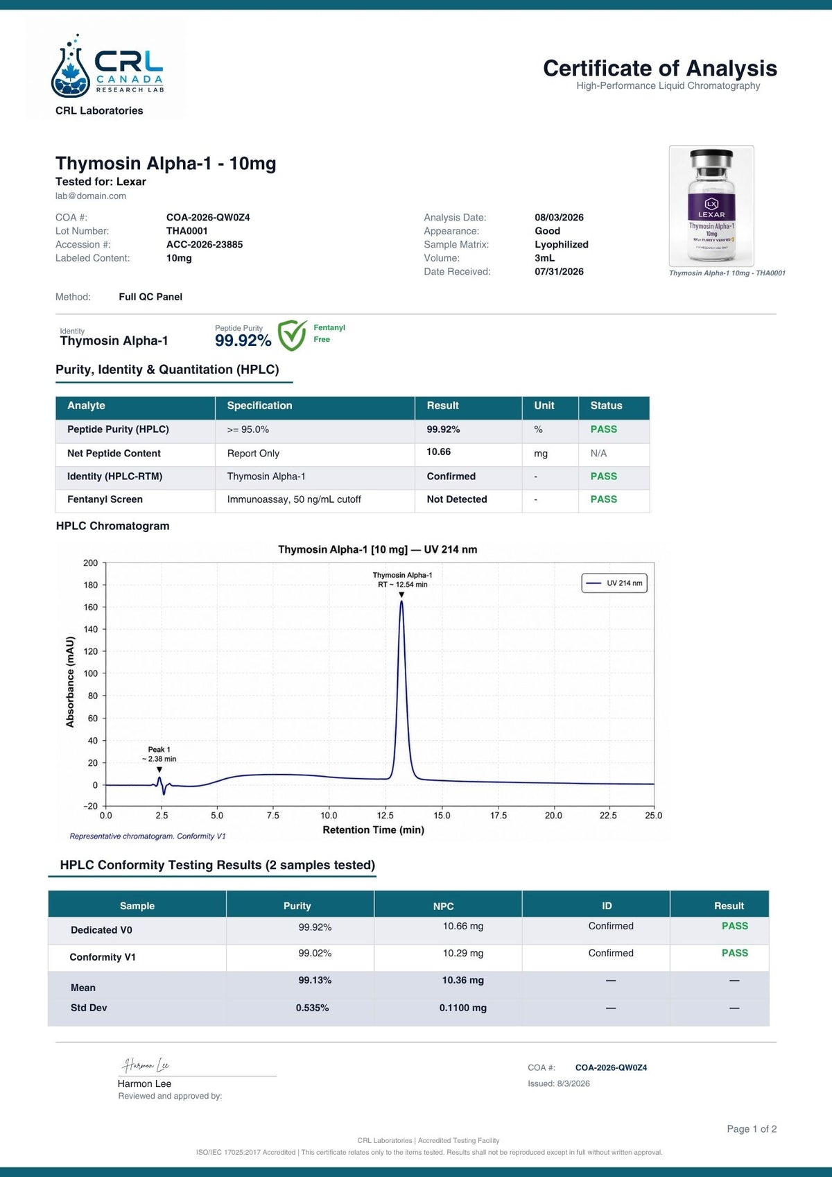 Thymosin Alpha-1 certificate page 1 of 2